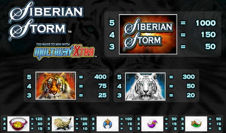 The symbols and payouts of the Siberian Storm slot game.